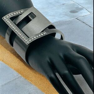 Pewter and Rhinestone Hinged Cuff Buckle Bracelet Statement Bold Edgy Design